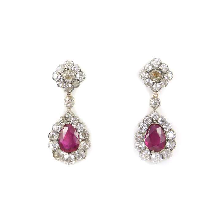 Pair of Burma ruby drop and diamond cluster pendant earrings